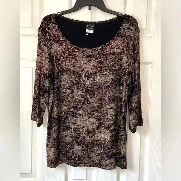 JKLA California Womens Blouse Large Brown Metallic Embellishment Boho 3/4sleeve - Picture 1 of 5